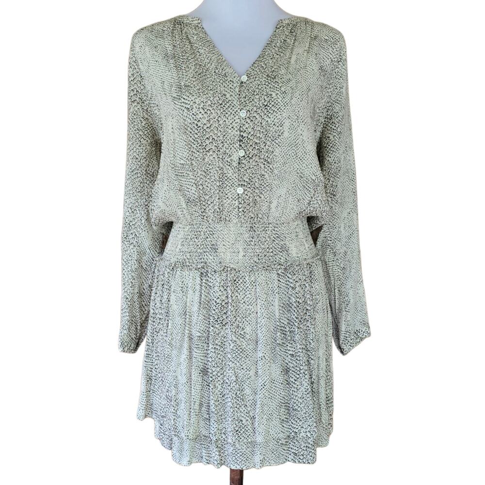 Rails Jasmine Mini Dress Size S Cream SnakeSkin Vneck Button Smocked Long Sleeve